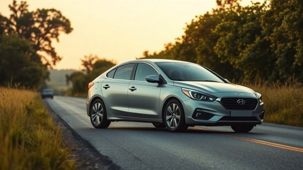Silver sedan on a rural road in evening light.