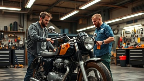 Two men in a garage examining a vintage motorcycle, car maintenance tips.