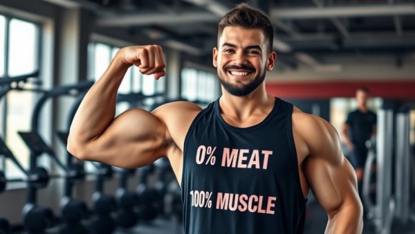 Fit man flexing in gym, promoting plant-based Veterans Day nutrition.