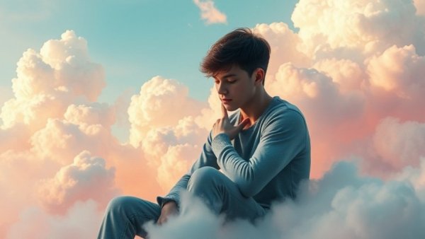 Reflective young man contemplating in colorful abstract space, self-care routine for addiction recovery.