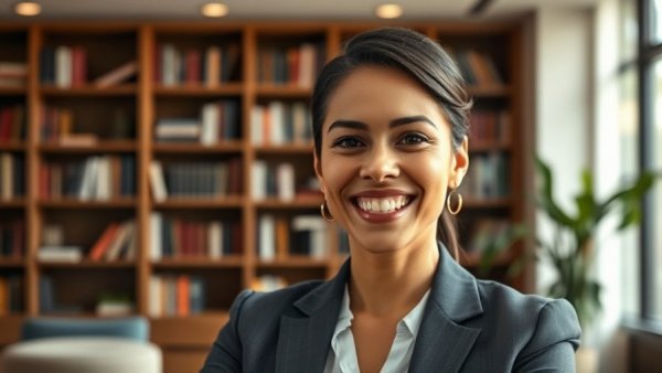 Confident professional smiling in a modern office, highlighting healthcare AI collaboration.