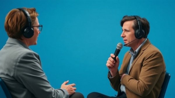 Stress illness discussion with two people in headphones against a blue background.