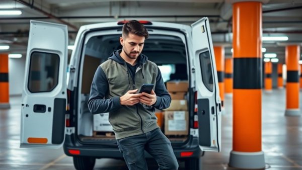 Delivery driver distracted by phone in parking garage with open van.