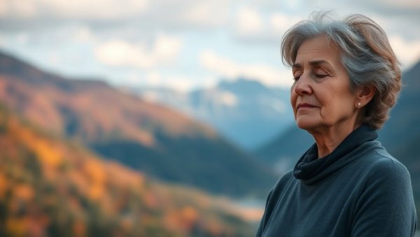 Mindfulness meditation guide promoting a 12-minute session in a serene mountain setting.