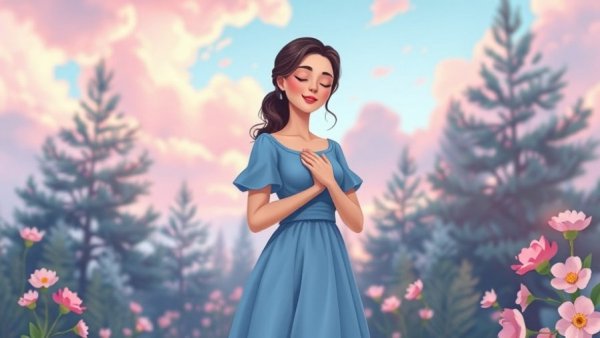 Serene woman practicing self-love in glowing meadow