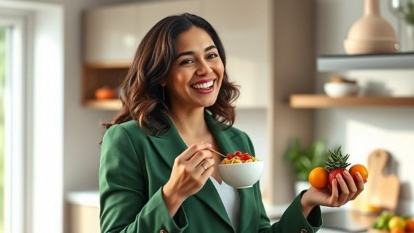 Woman enjoying healthy food in modern kitchen, promoting how to live a healthy life.