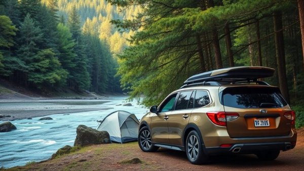 SUV with roof rack and tent camping in forest near river, best roof rack brand.