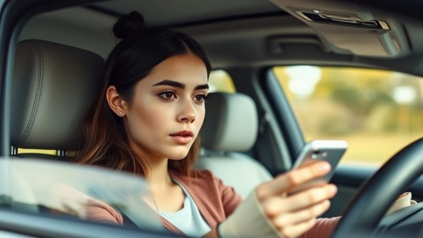 Distracted driving safety: Young woman looking at phone while driving.