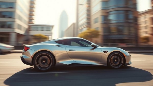 A sleek silver sports car, one of the best manual transmission sports cars of 2025, speeds through an urban street.