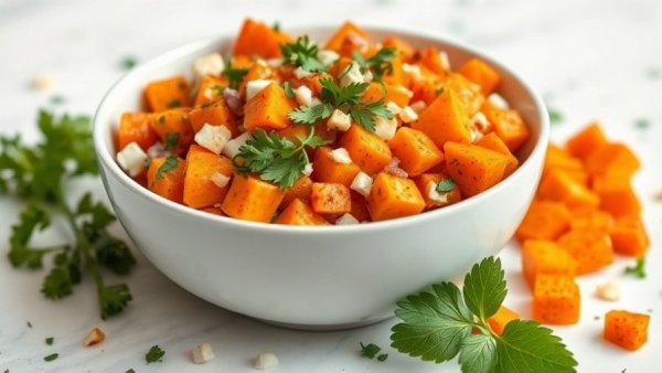Colorful sweet potato salad in a white bowl, emphasizing healthy eating habits.