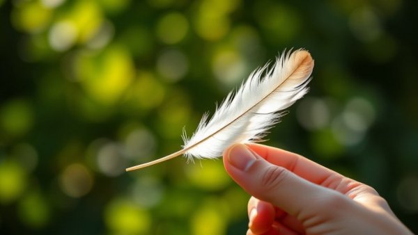 Mindfulness meditation theme with hand holding feather in nature.