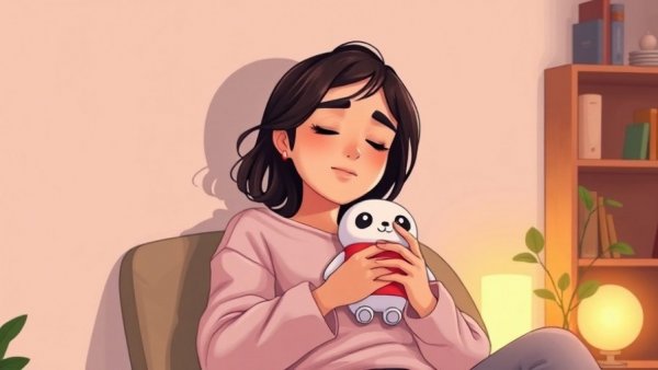 Woman enjoying a self-care routine, relaxing with a cute toy in a cozy room.