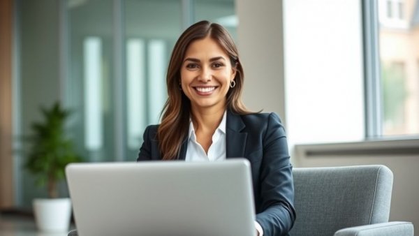 Smiling professional woman at desk with laptop, digital transformation trends healthcare.