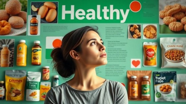 Contemplative woman surrounded by health products, how to live a healthy life.