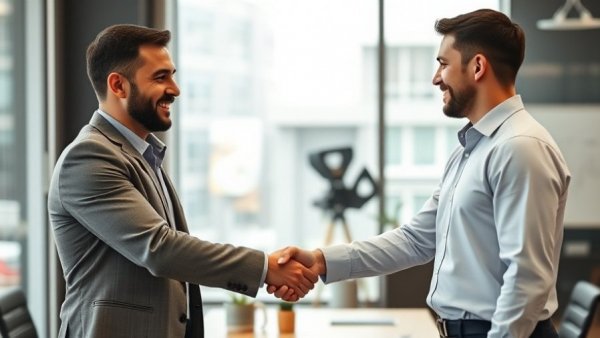 Two businessmen shaking hands in an office, highlighting collaboration in genomics and AI in Middle Eastern healthcare.