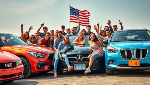 $3000 Cheap Car Road Trip group with cars and American flag.