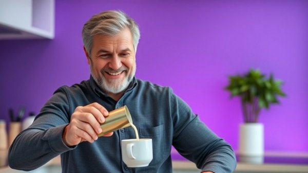 Man pouring creamer into coffee, best foods for intermittent fasting concept.