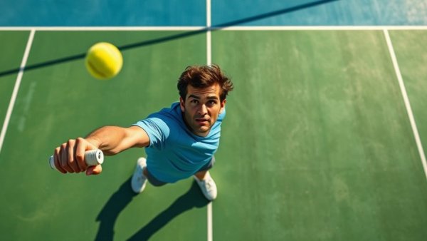 Aerial shot of tennis player serving on court, mindfulness meditation concept.