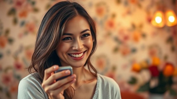 Woman sharing healthy lifestyle tips, smiling enthusiastically indoors.