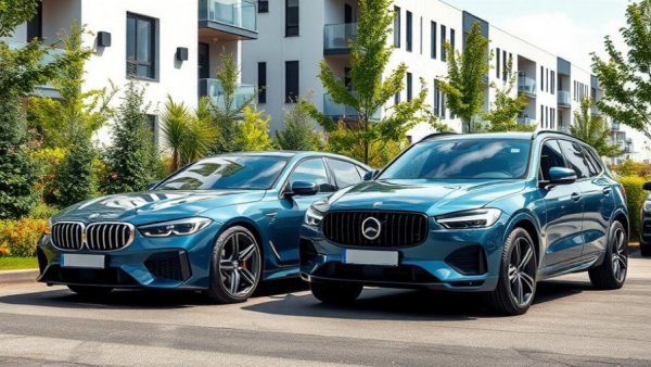 Sleek cars highlighting auto loan debt in 2025 in a residential area.