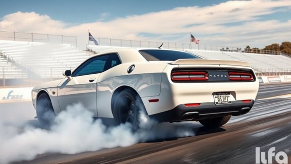 White muscle car with new HEMI crate engine at drag strip burnout.