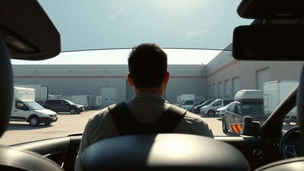 Vehicle interior view with people outside, suggesting automotive industry context.