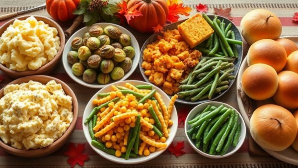 Colorful Thanksgiving side dishes including mashed potatoes and green beans.