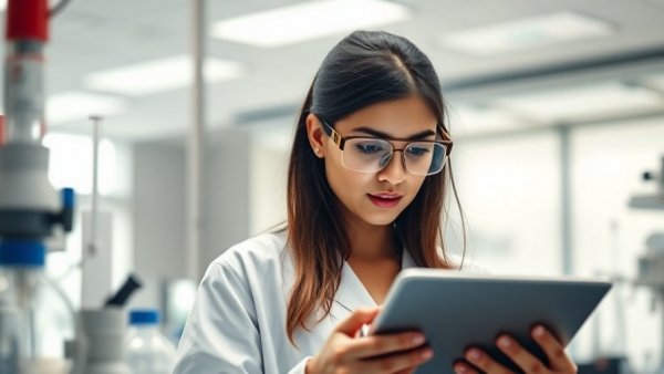 AI in healthcare: Scientist using tablet in modern lab