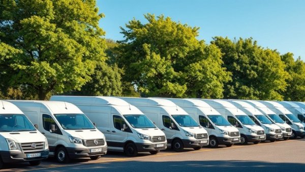 Organized fleet of vans parked under a blue sky.