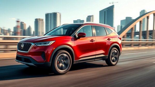 Sleek red SUV driving on bridge, showcasing best cars 2024.