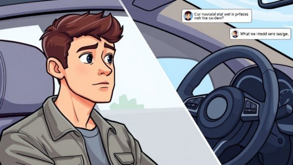 Highballing sellers for car parts humor with young man and steering wheel.