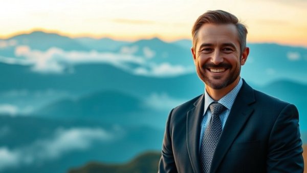 Forgiveness meditation graphic with serene mountain view and smiling man.