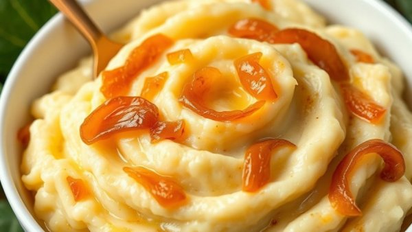 Creamy caramelized onion mashed potatoes in a white bowl