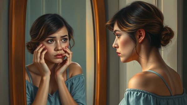 Woman reflecting on self-care for anxiety in mirror.