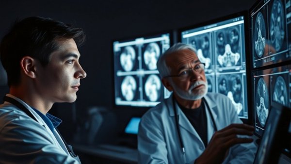 Medical professionals reviewing scans for longevity health treatment in a dark lab.