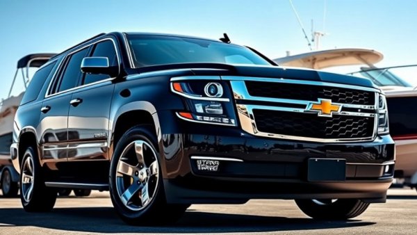 Chevy Suburban with grille parked by lake under clear blue sky.