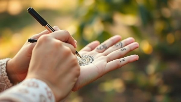 Detailed henna design being applied to a hand, emphasizing the mindfulness practice.
