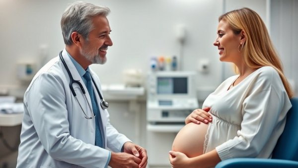 Doctor consulting pregnant patient, promoting warmth and care in a hospital setting.