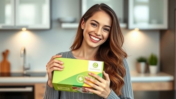 Smiling woman with Hunger Crushing Combo in a kitchen
