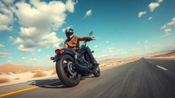 Suzuki Boulevard M109R motorcycle on open road, desert landscape.