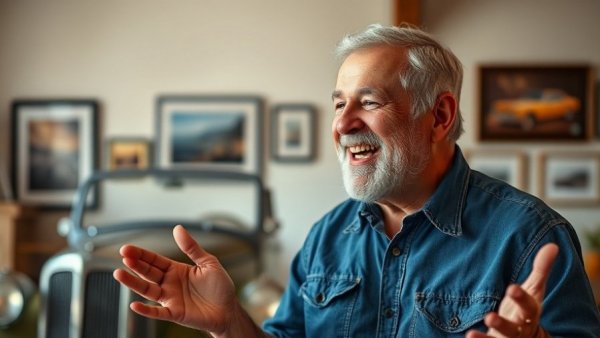 Enthusiastic man discussing supercar investment indoors.