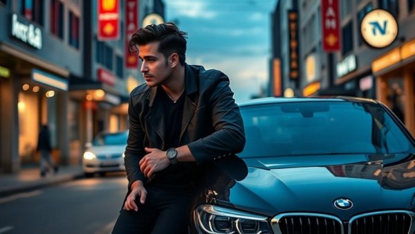 Stylish young man with a BMW, urban setting, dusk lighting.