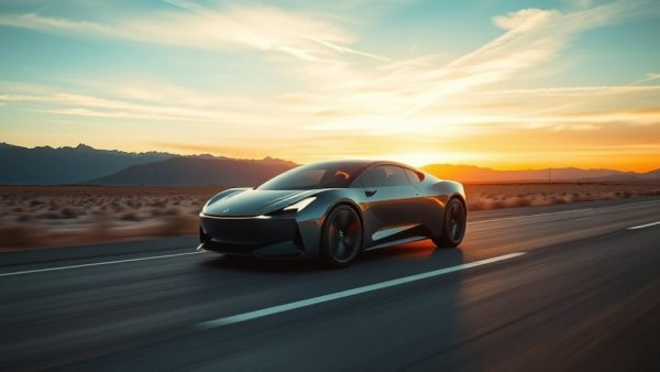 Lucid Gravity Touring EV driving on mountain road at sunset.