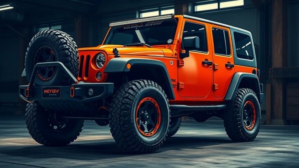 Vibrant orange 2026 Jeep Recon Electric SUV on display indoors.