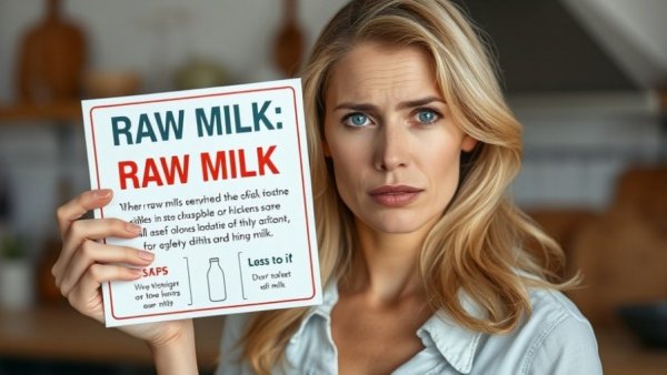 Concerned woman discussing raw milk safety, indoor setting.