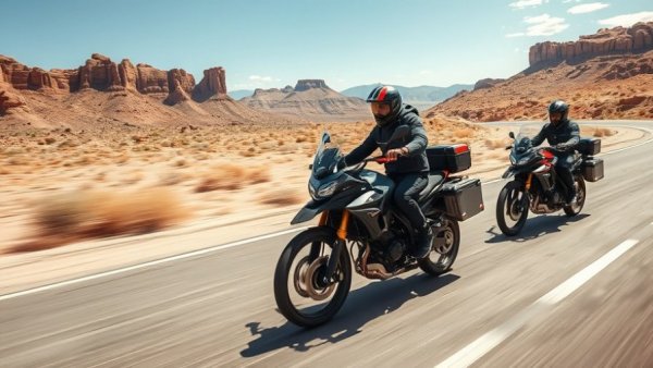 Affordable adventure motorcycles on a scenic desert road.