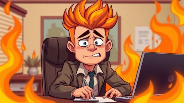 Cartoon of stressed man with fiery hair at desk, burnout concept.