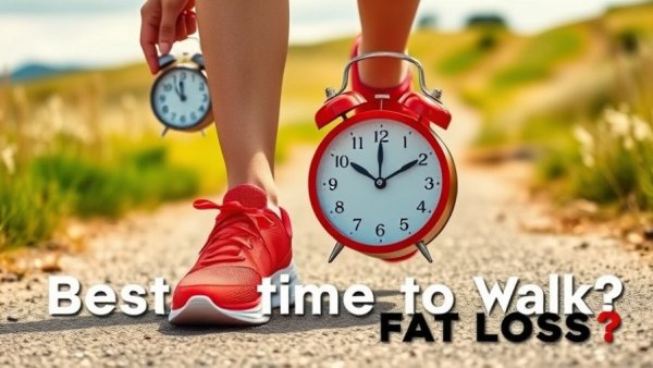 Best walking times for fat loss, curious walker with clock, scenic path.