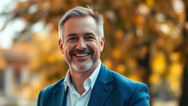 Confident man in a blue blazer smiling outdoors, mental health AI context.