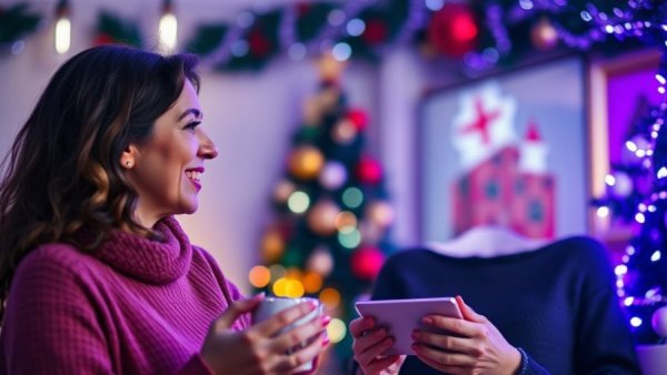 Two women discuss healthy lifestyle tips on a festive podcast, vibrant background.